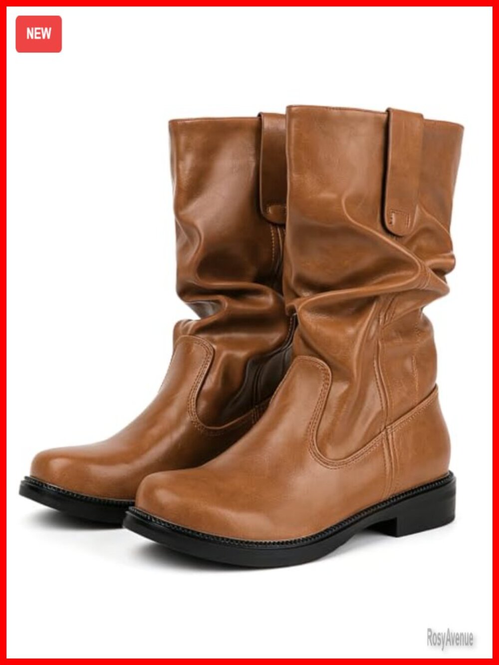 Women Slouch Mid Calf Pull On Flat Riding Boots Faux Leather